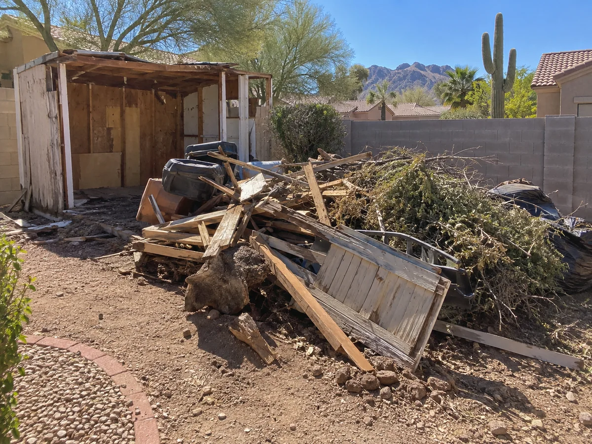 Heavy backyard and shed debris staged for removal in a Phoenix-area property